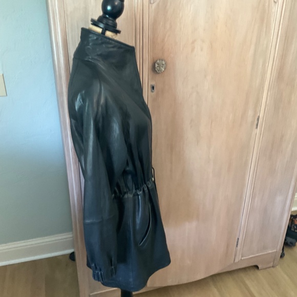 90's VTG Hailey soft LeatherJacket Black Long Drawstring Zip Coat Oversize XS - Picture 4 of 16